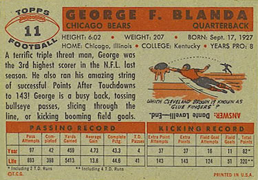 1956 Topps #11 George Blanda Back