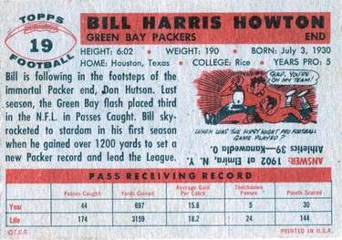 1956 Topps #19 Bill Howton Back
