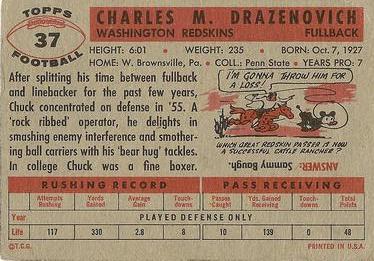 1956 Topps #37 Chuck Drazenovich Back
