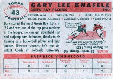 1956 Topps #43 Gary Knafelc Back