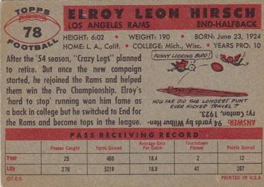 1956 Topps #78 Elroy Hirsch Back