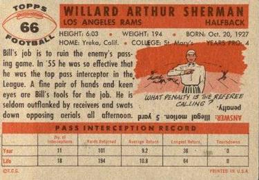 1956 Topps #66 Willard Sherman Back