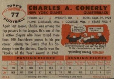 1956 Topps #77 Charley Conerly Back