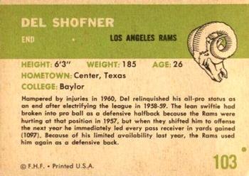 1961 Fleer #103 Del Shofner Back
