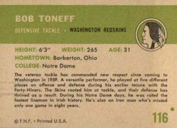 1961 Fleer #116 Bob Toneff Back