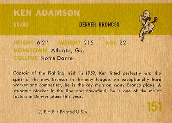 1961 Fleer #151 Ken Adamson Back