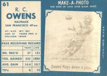 1961 Topps #61 R.C. Owens Back