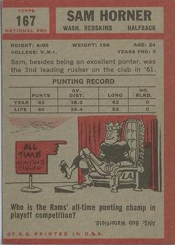 1962 Topps #167 Sam Horner Back