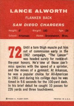 1963 Fleer #72 Lance Alworth Back