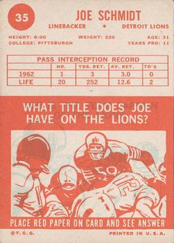 1963 Topps #35 Joe Schmidt Back