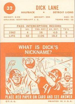 1963 Topps #32 Dick Lane Back