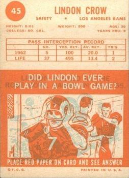 1963 Topps #45 Lindon Crow Back