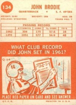 1963 Topps #134 John Brodie Back
