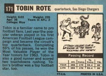 1964 Topps #171 Tobin Rote Back