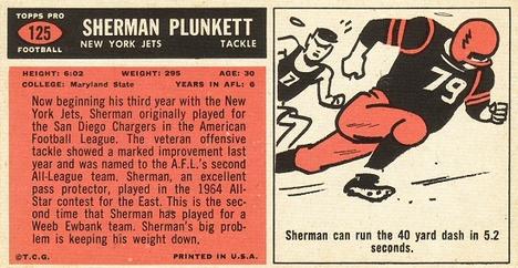 1965 Topps #125 Sherman Plunkett Back