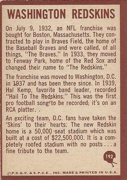 1967 Philadelphia #192 Redskins Insignia Back