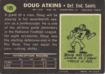 1969 Topps #105 Doug Atkins Back