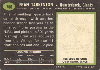 1969 Topps #150 Fran Tarkenton Back
