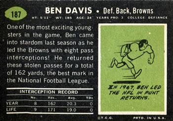 1969 Topps #187 Ben Davis Back