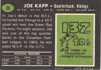 1969 Topps #35 Joe Kapp Back