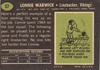 1969 Topps #57 Lonnie Warwick Back