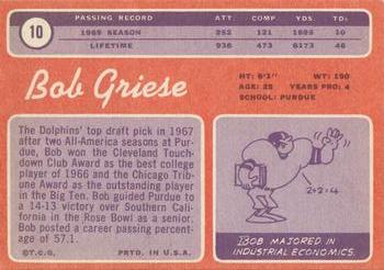 1970 Topps #10 Bob Griese Back