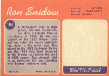 1970 Topps #194 Ron Snidow Back