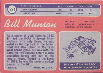 1970 Topps #221 Bill Munson Back