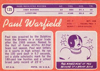 1970 Topps #135 Paul Warfield Back