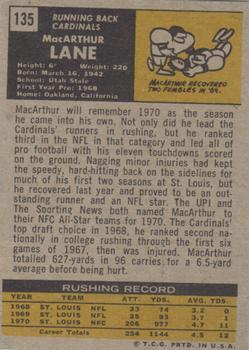 1971 Topps #135 MacArthur Lane Back
