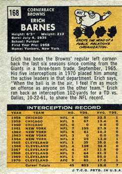 1971 Topps #168 Erich Barnes Back