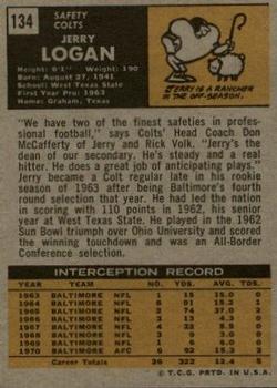 1971 Topps #134 Jerry Logan Back