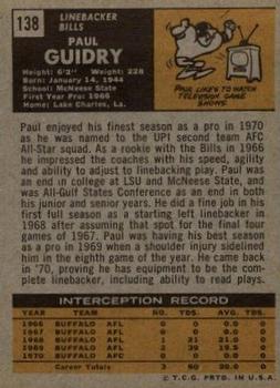 1971 Topps #138 Paul Guidry Back