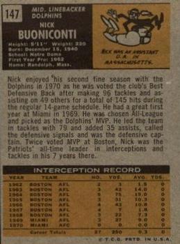 1971 Topps #147 Nick Buoniconti Back