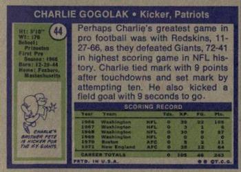1972 Topps #44 Charlie Gogolak Back