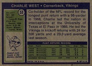 1972 Topps #53 Charlie West Back