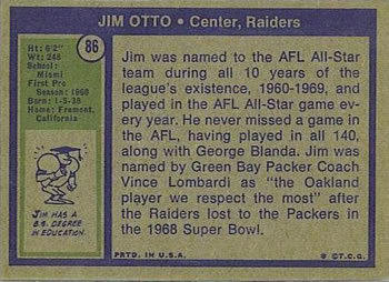 1972 Topps #86 Jim Otto Back