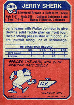 1973 Topps #459 Jerry Sherk Back