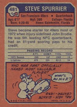1973 Topps #481 Steve Spurrier Back