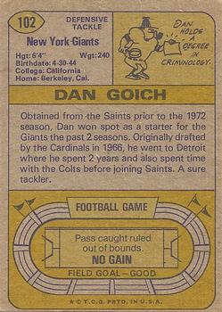 1974 Topps #102 Dan Goich Back