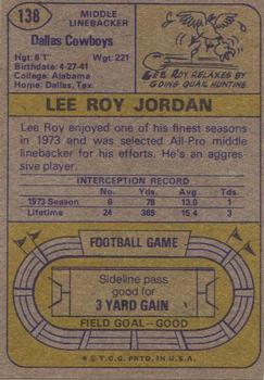 1974 Topps #138 Lee Roy Jordan Back