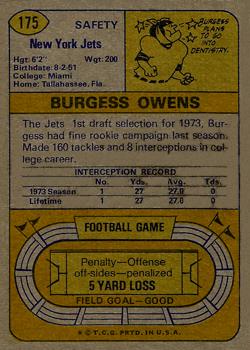 1974 Topps #175 Burgess Owens Back