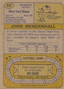 1974 Topps #232 John Mendenhall Back