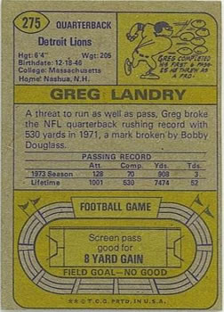 1974 Topps #275 Greg Landry Back