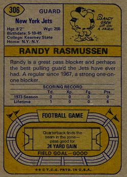 1974 Topps #306 Randy Rasmussen Back