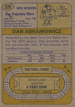 1974 Topps #320 Dan Abramowicz Back