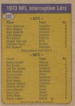 1974 Topps #332 1973 NFL Interception Leaders (Dick Anderson / Mike Wagner / Bobby Bryant) Back