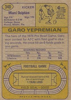 1974 Topps #340 Garo Yepremian Back