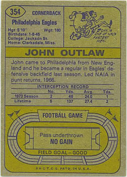 1974 Topps #354 John Outlaw Back