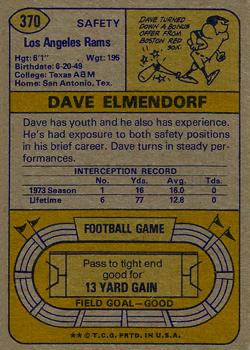 1974 Topps #370 Dave Elmendorf Back